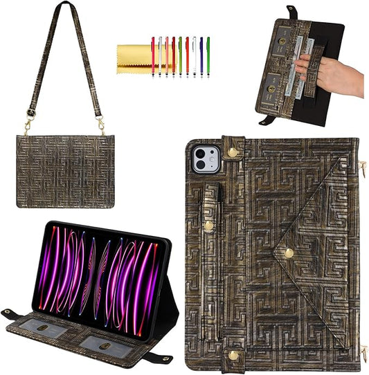 Handbag Case for iPad Pro 12.9 2018-2022 &amp iPad Air 13-inch 2024-2025 - Techcircle Vintage Maze Pattern Crossbody Folio Stand Case with Pencil/Card Holder Hand Grip/Shoulder Strap Retro Bronze