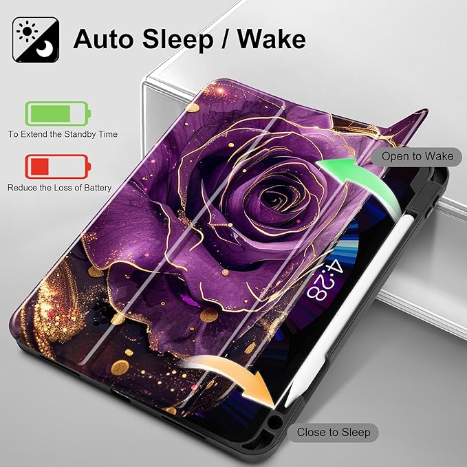 May Chen Case for iPad Pro 11 inch (4th 3rd 2nd &amp 1st Gen) 2022 2021 2020 2018 Trifold Stand + Pencil Holder + Auto Wake/Sleep + Soft TPU Protective Stand Back Cover Purple Roses