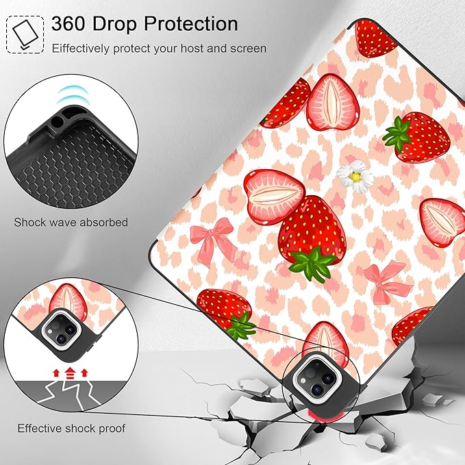 May Chen Case for iPad Pro 11 inch (4th 3rd 2nd &amp 1st Gen) 2022 2021 2020 2018Trifold Stand with Auto Wake/Sleep Soft TPU Protective Stand Back Cover Leopard Print Strawberry