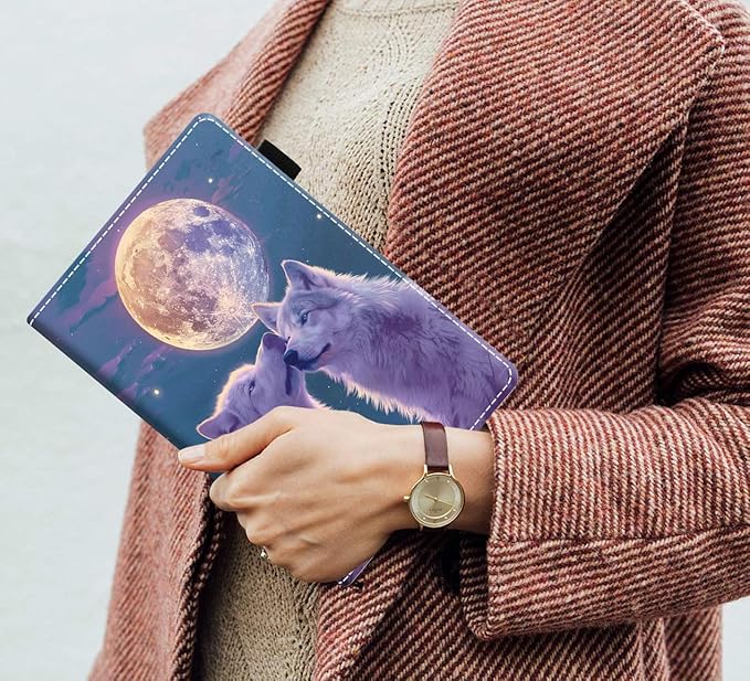 Case for Amazon Kindle Fire 7 Tablet (7 9th/7th Generation 2019/2017 Release) Slim PU Leather Cover with Card Slot &amp Auto Wake/Sleep White Wolf Under The Moon