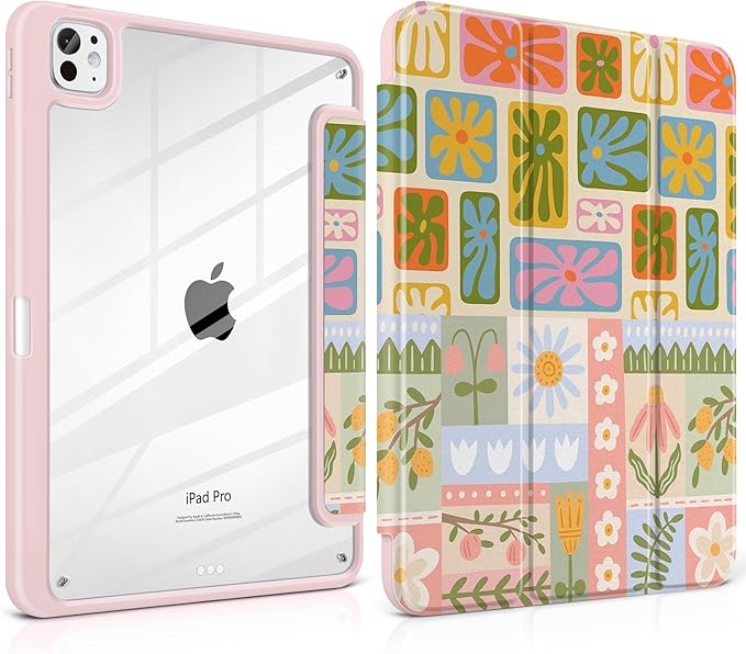 Case for iPad Pro 13 inch (M5) 2025 (M4) 2024 Release Slim Lightweight Cute Light Pink Cover with Clear Back TPU Edge Pencil Holder Trifold Stand Flower Patchwork