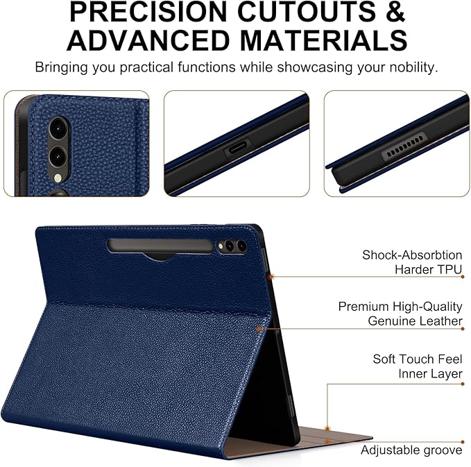 Genuine Leather Case for Samsung Galaxy Tab S10 Plus/S9 Plus/S9 FE+ 12.4 Inch with Pencil Holder | Slim Protective Cover with Adjustable Stand Auto Wake/Sleep Premium Leather | Blue