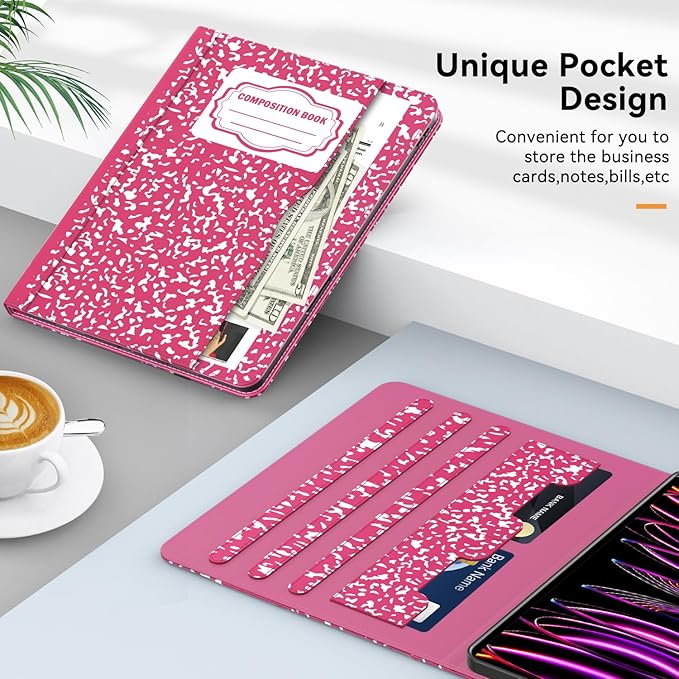 Case for New iPad Pro 12.9 inch 6th/5th/4th/3rd Generation 2022/2021/2020/2018 12.9'' ipad Pro Leather Cover 6/5/4/3 Gen with Pencil Holder Auto Wake/Sleep Composition Book Pink