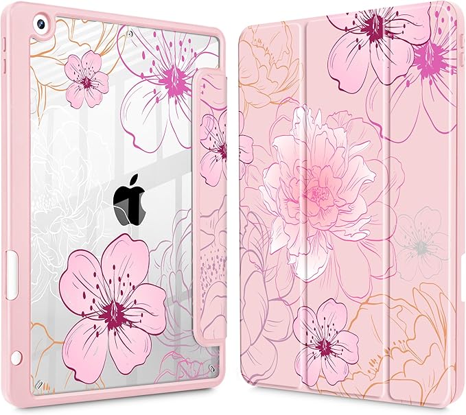 Case for iPad 9th/ 8th/ 7th Generation 10.2-Inch Case(2021/2020/2019 Release) [Built in Pencil Holder] Trifold Stand Auto Wake/Sleep Clear TPU Protection Back Cover Flowers Illustration