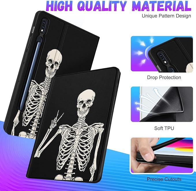 for Samsung Galaxy Tab S9 Plus/S9 FE Plus Case 12.4 Inch 2023 for Women Girls Boys Men Cute Folio Cover with Pencil Holder Cool Design Skeleton Skull Gothic Tablet Cases for Tab S9+/S9 FE+