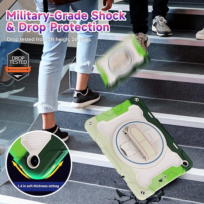 for iPad 9th 8th 7th Generation Case iPad 10.2 inch with HD Screen Protector 360 Rotating Kickstand/Hand Strap Shoulder Strap Heavy Duty Military Grade - Kids Friendly