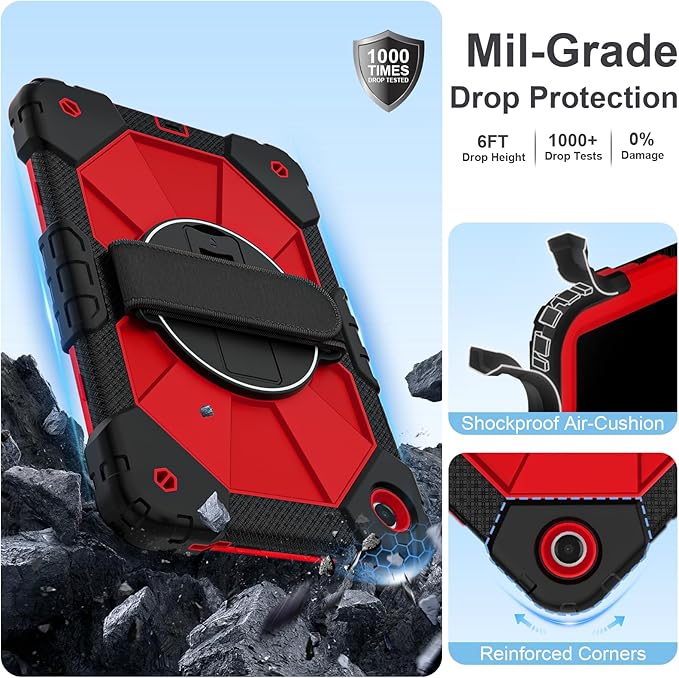 Case for Galaxy Tab A11+ Plus 2025/ A9+ 2023 11 Inch Rugged Samsung Tab A11 Plus Case Galaxy A9+ Tablet Cover with 360 Rotating Hand Strap Stand Shoulder Strap Screen Protector Black Red