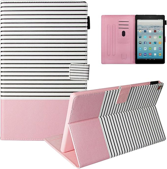 Dteck Fire HD 10 Case (9th/7th/5th Generation 2019/2017/2015 Release) - Slim Fit PU Leather Multi-Angle Stand Cover with Auto Wake/Sleep for All-New Amazon Kindle Fire HD 10.1 Tablet Pink Stripe