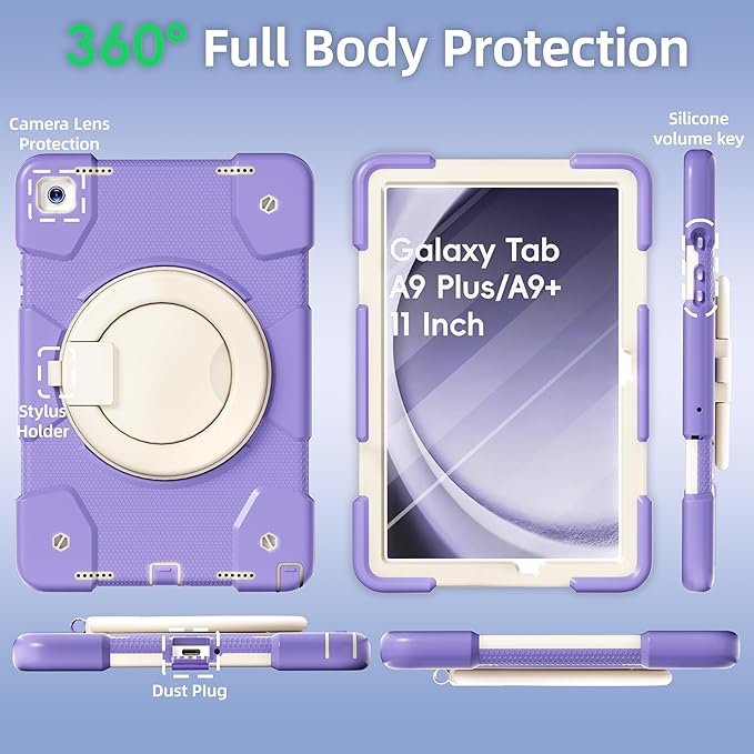 Case for Samsung Galaxy Tab A9+/A9 Plus Case 11 Inch with Screen Protector/360° Rotating Stand/Pen Holder/Shoulder Strap Shockproof Cover for Tablet A9+ 5g (Purple)