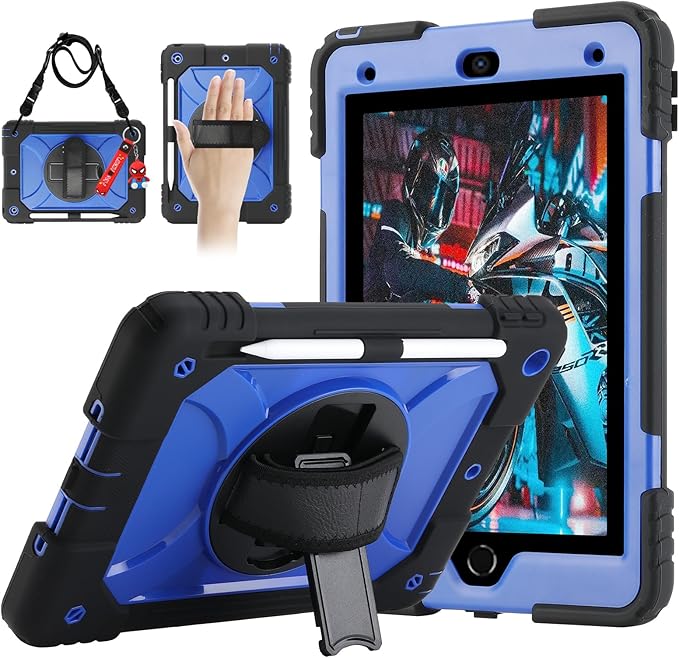for iPad 9th/8th/7th Generation CaseiPad 10.2 Case 2021/2020/2019 with Cute Key Chain Rugged Protective Case with 360°Rotating Stand &amp Shoulder Hand Strap &amp Pen Slot for 10.2 Inch (Black+Bl