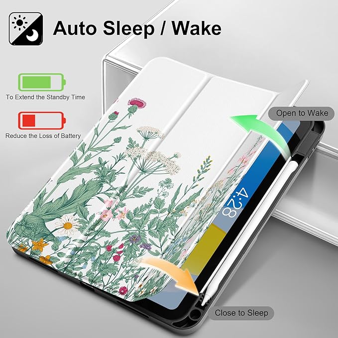 May Chen for iPad (A16) 11th Generation Case 11 Inch 2025 iPad 10th Gen Case 2022 10.9 inch Trifold Stand with Auto Wake/Sleep Soft TPU Protective Stand Back Cover Herbs Flowers