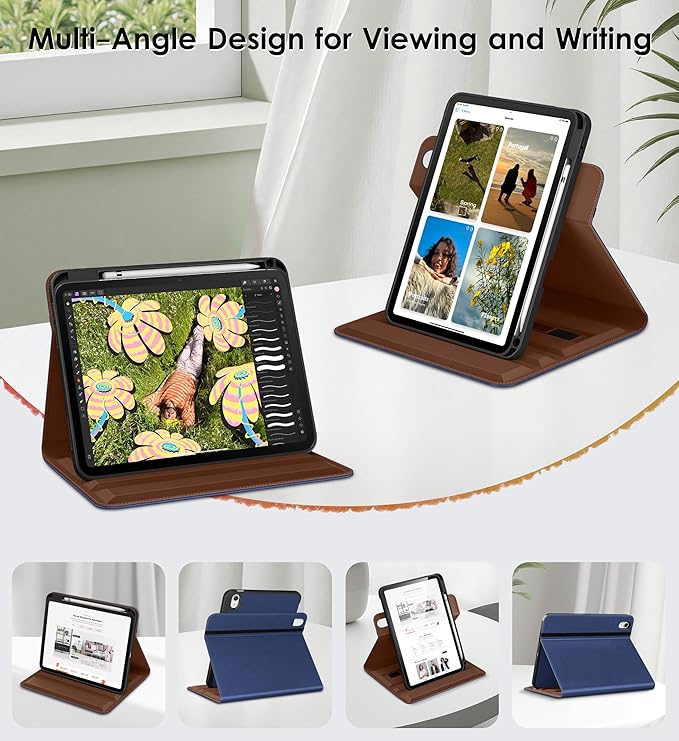 DTTO for iPad A16 Case iPad 11th / 10th Generation Case (2025/2022) 360 Degree Rotating Premium Leather Folio Stand Cover with Pencil Holder Navy Blue