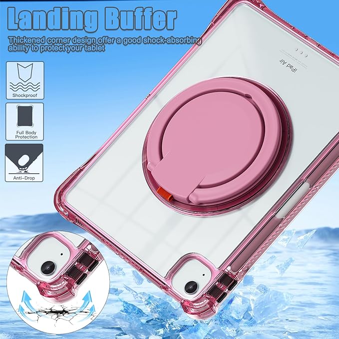 Shockproof Case for iPad Air 11'' (M4 2026/M3 2025/M2 2024)/ iPad Air 10.9'' Air 5th /4th Gen PC Clear Tablet Cases with Rotating Stand for Kids Rose
