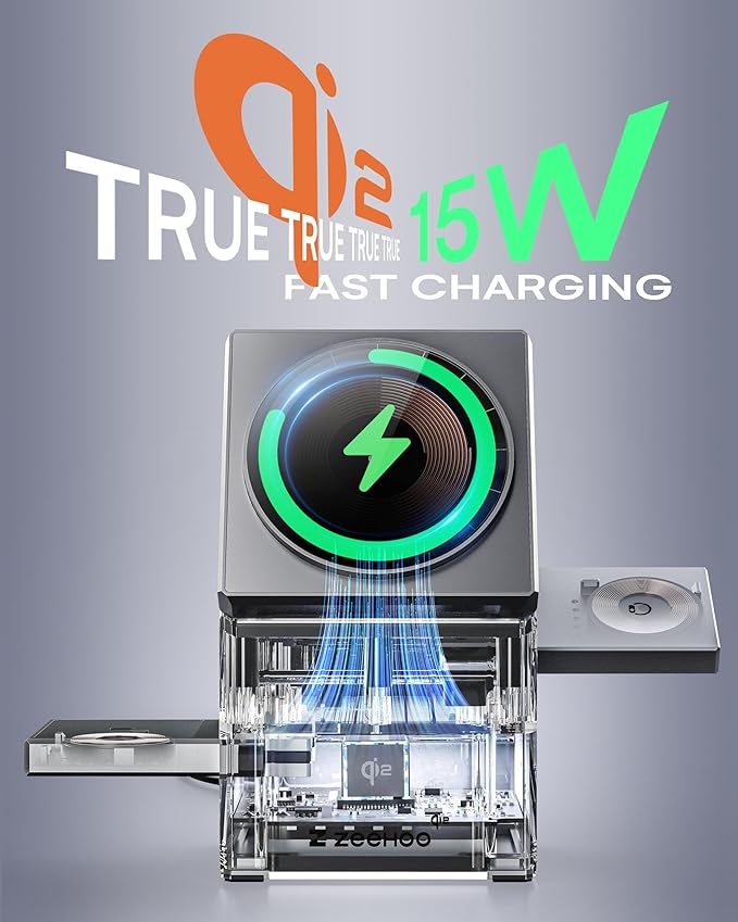 ZEEHOO 3 in 1 Charging Station for Apple Mag-Safe for iPhone Charger Qi2 Certified Rotating Wireless Charger Stand for iPhone 171615141312 Series Apple Watch AirPods (USB-C Charger Included)