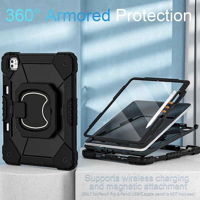 WESOROL Case for iPad Pro 13 Inch M5 2025 / M4 2024 (7th Gen) with Screen Protector/360° Rotating Stand/Pencil Holder/Shoulder StrapMilitary Grade Shockproof iPad Case 13 Inch iPad Pro M5/M4Black