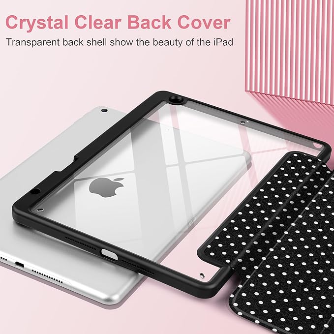 MEEgoodo Case for iPad 10.2 inchTablet Cases for iPad 9th Generation 2021/8th Gen 2020/7th Gen 2019 with Clear Acrylic Back Shell+Pencil Holder+Auto Wake/Sleep+Trifold Stand White Polka Dot