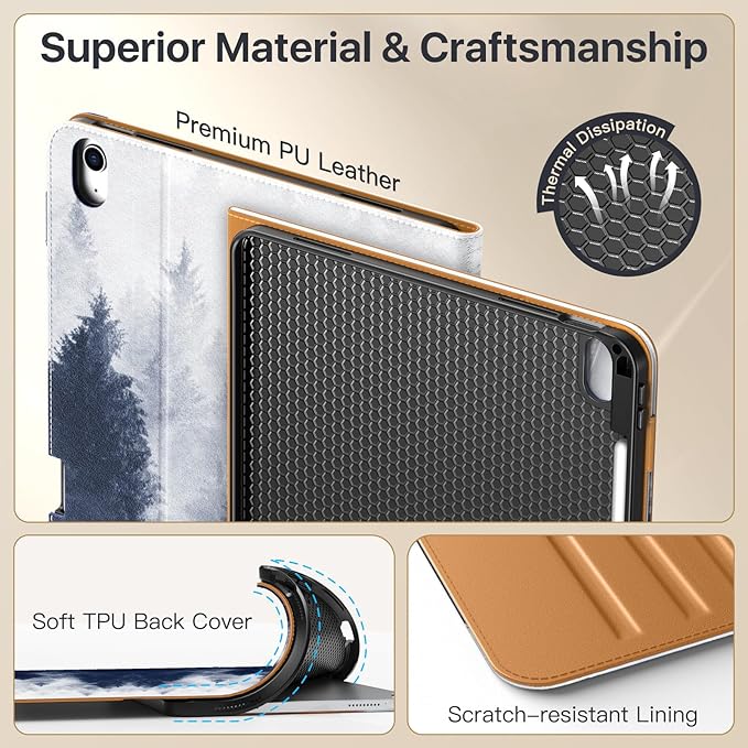 MoKo Case for iPad Air 13-inch (M4) 2026 / (M3) 2025 / (M2) 2024 with Pencil Holder &amp Hand Strap &amp Pocket Premium Leather Folio Stand Cover Multiple Viewing Angles Gray Forest