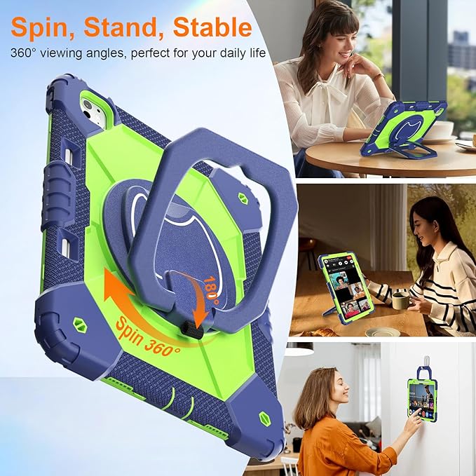 Case for iPad Pro 13 Inch M5 2025 / M4 2024 Auorld for iPad Pro 13 Inch M5 2025 with Screen Protector 360 Degree Rotating Stand Shoulder Strap Pencil Holder Navy Green