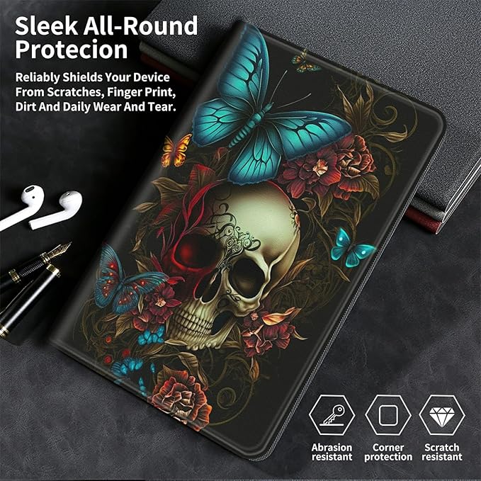 Case for Kindle Paperwhite 12th Generation &amp Kindle Colorsoft Signature Edition 2024 7 inch Lightweight Smart Case Adjustable Stand Protective Cover with Auto Wake/Sleep - Blue Butterfly Skull