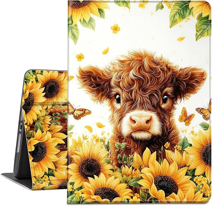 Case for Amazon Kindle Fire HD 10 and Fire HD 10 Plus 10.1 Tablet Case (13th/11th Generation 2023/2021 Release) Slim Fit PU Leather Cover with Auto Sleep/Wake - Sunflowers Highland Cow