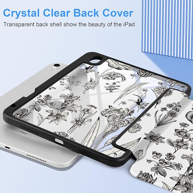 DONGKE Case for iPad Air 11-inch M4 2026 &amp M3 2025 &amp M2 2024 iPad Air 5th/4th Generation 10.9 2022/2020 [Built-in Pencil Holder] Clear Acrylic Back Trifold Stand Smart Cover Black Florals