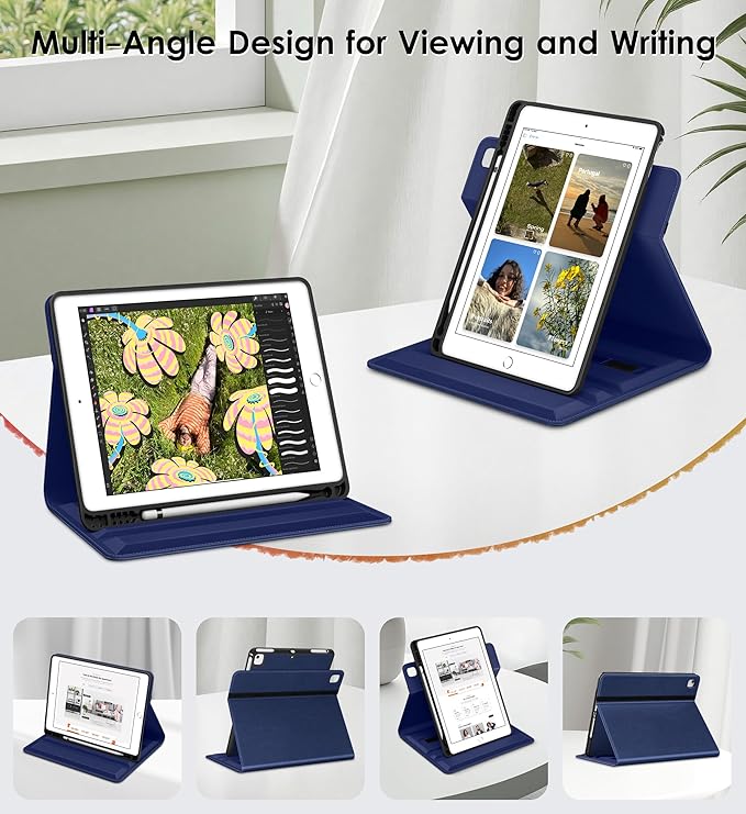 DTTO for iPad 6th / 5th Generation 9.7 Inch (2018/2017) iPad Air 2 / Air 1 Case 360 Degree Rotating Premium Leather Folio Stand Cover with Pencil Holder Navy Blue