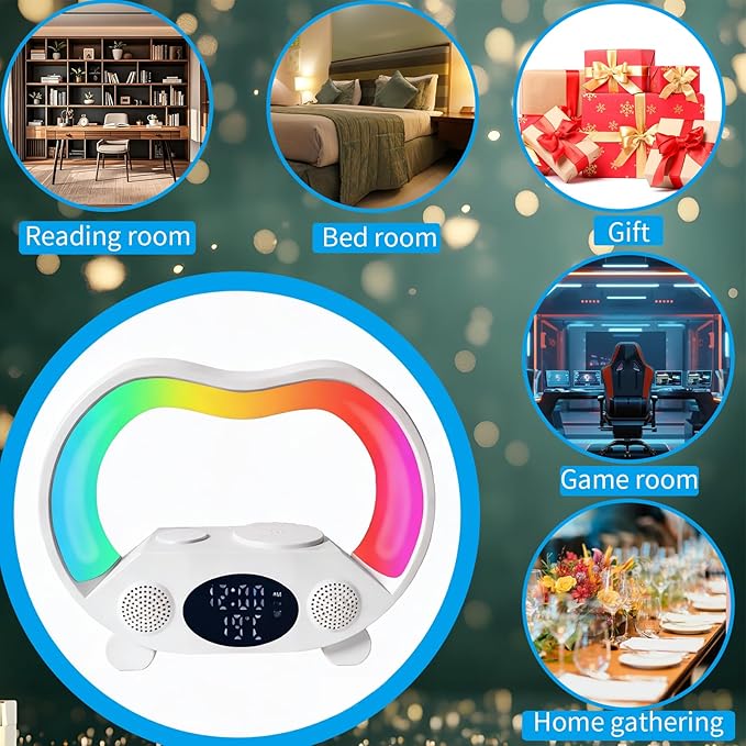6-in-1 Wireless Charging Station with Bluetooth Speaker RGB Ambient Light Smart Display Clock &amp Thermometer and Remote Control for Remote Operation of All Functions ZS932 White.