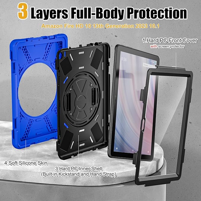 BRAECNstock Shockproof Protective Case for Amazon Fire HD 10 13th Generation 2023 Kids Case with Screen Protector [Rotating Hand Strap]&amp StandPen Holder &amp Shoulder Strap - Blue