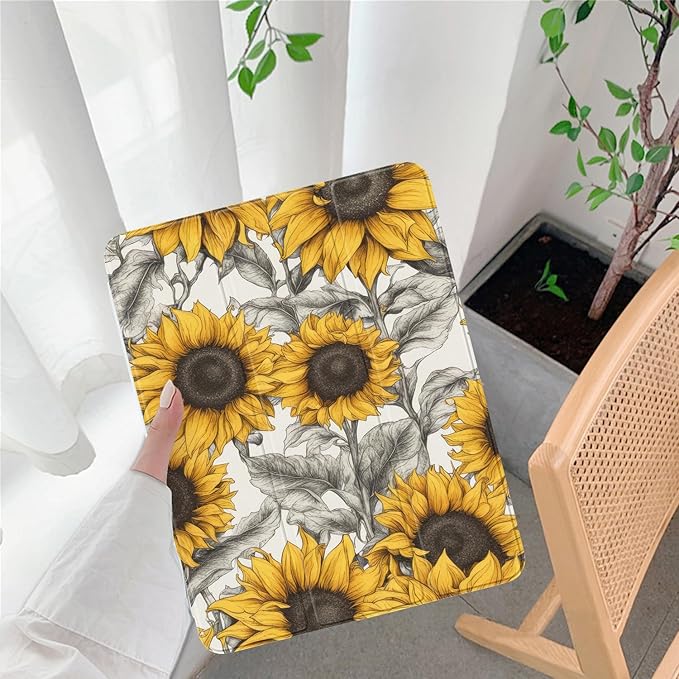 Cute Sunflower foriPad Pro 11 Inch Case 2024 with Pencil Holder Foldable Grey Leather Cover Case Support Auto Sleep Wake