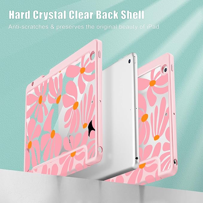 May Chen for iPad 9th Generation with Pencil Holder iPad 8th/7th Gen Case 10.2-inch [Penceil Holder] Trifold Stand Auto Wake/Sleep Clear TPU Protection Back Cover Groovy Flower