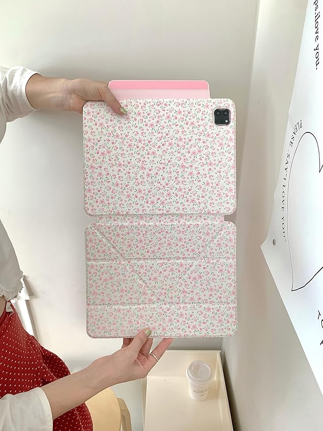 Detachable Magnetic 360 Rotating Adjustable Kickstand Hard PU Folio Case for Apple White Pink Rose Flower Floral Pretty Chic Cute Lovely Girls (for iPad Air M2 13-Inch 6th Generation 2024)