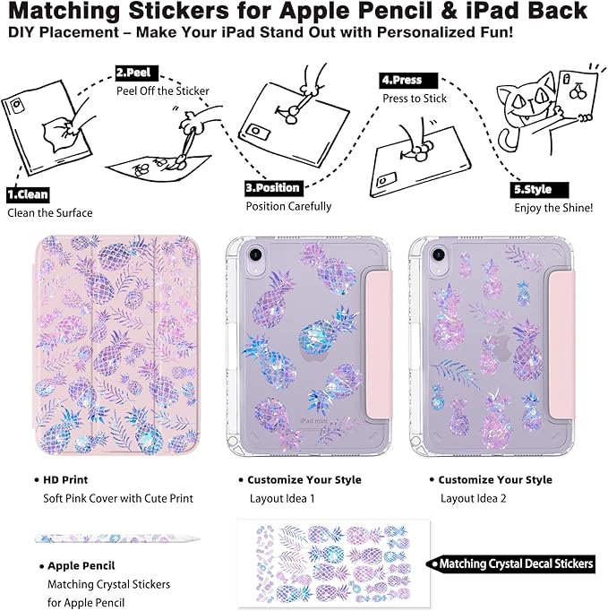 Pink iPad mini 6/7 Case for Girls – Kawaii Cartoon Pineapple Design with Pencil Holder Matching Stickers Tri-Fold Stand Auto Sleep/Wake (Geometric Pineapple)