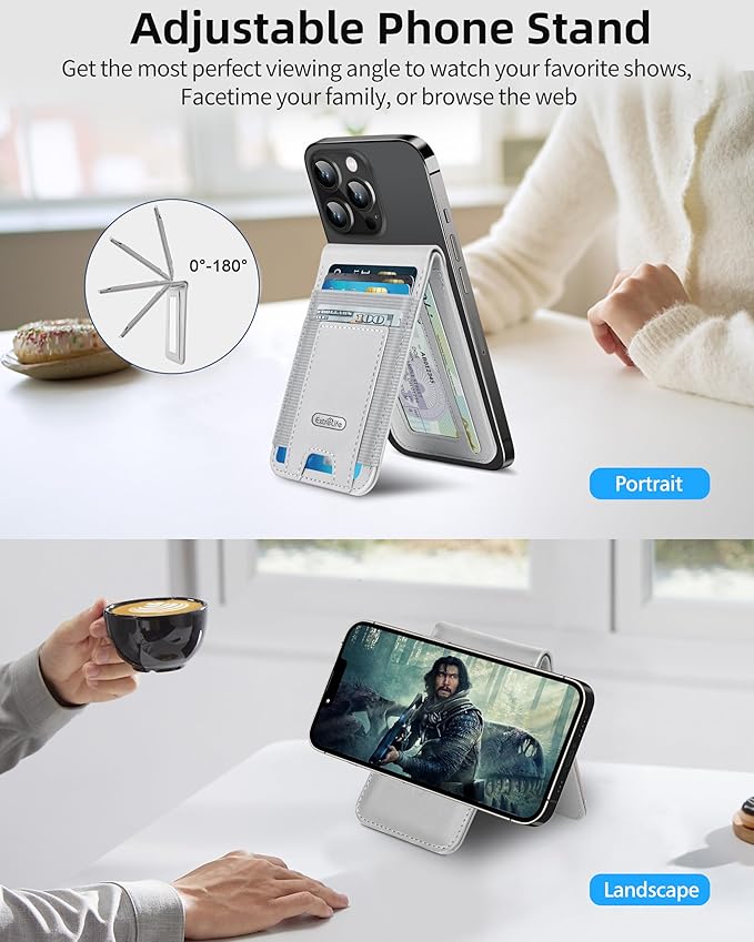For Magsafe Wallet Stand Strongest Magnetic Wallet for iPhone 17/16/15/14/13/12 Series Magnetic Card Holder with 4 Card Slots ID Window10 Cards Holder Vegan Leather RFID Blocking Gray
