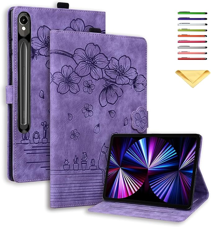 Case for Samsung Galaxy Tab S10 FE+/S10 FE Plus 13.1 Inch 2025 (SM-X620/SM-X626B) with Pencil Holder/Pockets Folio Stand Embossed Cherry Blossom PU Leather Magnetic Wallet Cover Purple Cat