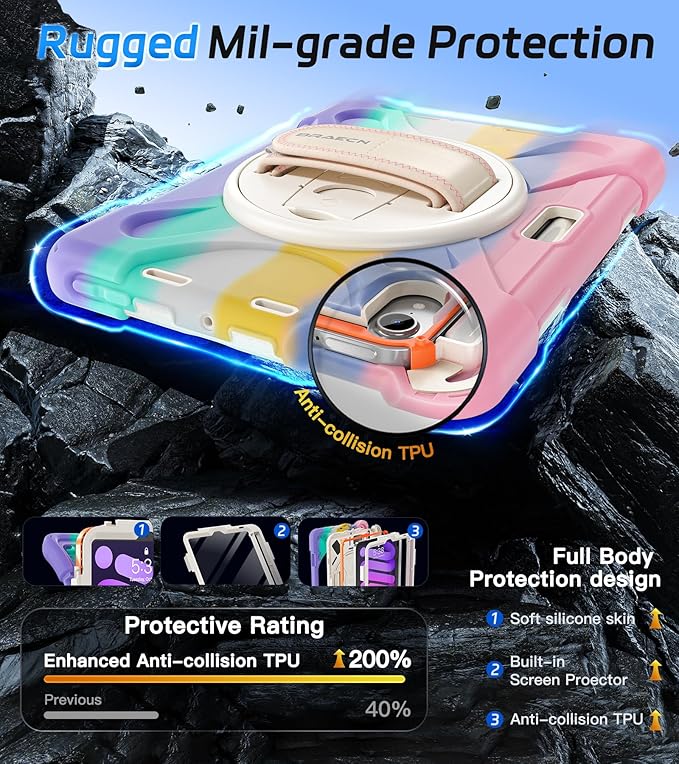 BRAECNstock Kids Case for Apple iPad mini 7 (A17 Pro) 2024/ Mini 6 8.3 Shockproof Protective iPad mini 7th/6th Gen Case with Screen Protector Pen Holder [Rotating Stand+Hand Strap] Colorful Pink