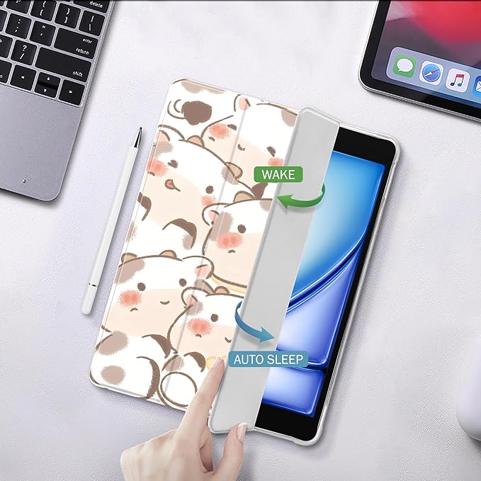 Idocolors Cute Kawaii Cow Pad Case for 10.9 Inch iPad Air 4 2020/iPad Air 5 2022 Clear TPU Trifold Stand Back Cover with Pencil Holder Auto Wake/Sleep Foldable Shockproof Protective Case