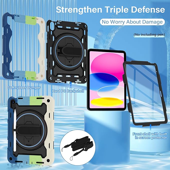 Case for iPad A16 11 Inch 11th Generation 2025 iPad 10th Generation Case 10.9 for Kids with Screen Protector 360 Kickstand Hand Strap Shoulder Strap Heavy Duty Shockproof Drop Protection