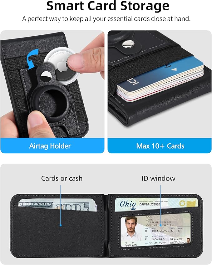 For Magsafe Wallet Stand with Airtag Holder Strongest Magnetic Wallet for iPhone 17/16/15/14/13/12 Series ID Window 4 Card Slots 10 Cards Holder Vegan Leather RFID Blocking Black