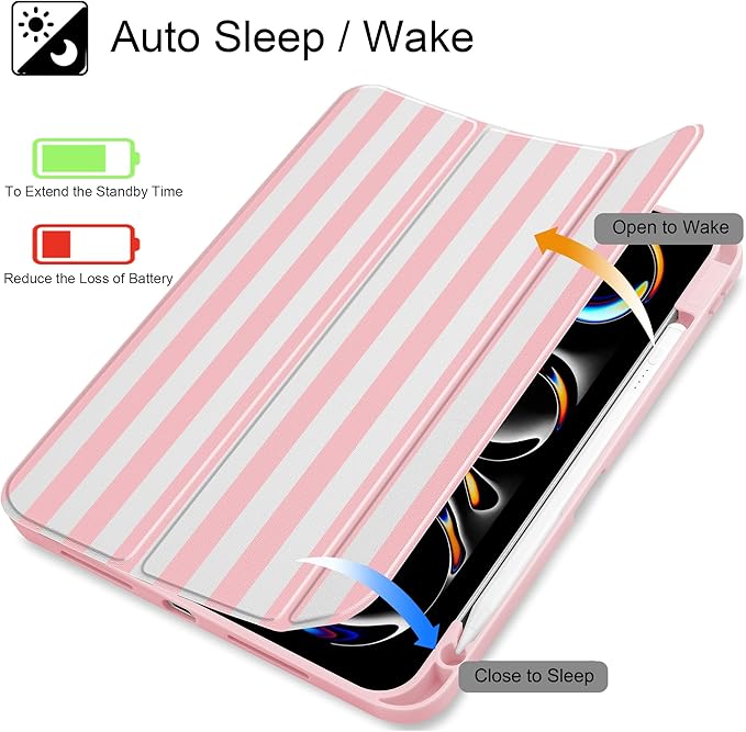 May Chen Case for iPad Pro 11-Inch M5/M4 2025/2024 (6th/5th Generation) [Penceil Holder] Trifold Stand Auto Wake/Sleep Clear TPU Protection Back Cover Pink Stripes