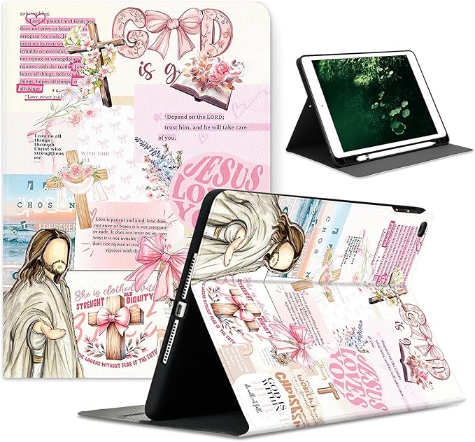 Compatible with iPad Air 13 inch Case (M3 2025 /M2 2024)/12.9 inch Case (6th/5th/4th/3rd 2022/2021/2020/2018) with Pencil HolderAuto Wake/Sleep Protect CoverBible Verse Jesus Collage