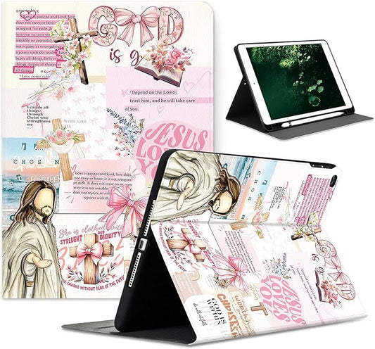 Compatible with iPad Air 13 inch Case (M3 2025 /M2 2024)/12.9 inch Case (6th/5th/4th/3rd 2022/2021/2020/2018) with Pencil HolderAuto Wake/Sleep Protect CoverBible Verse Jesus Collage