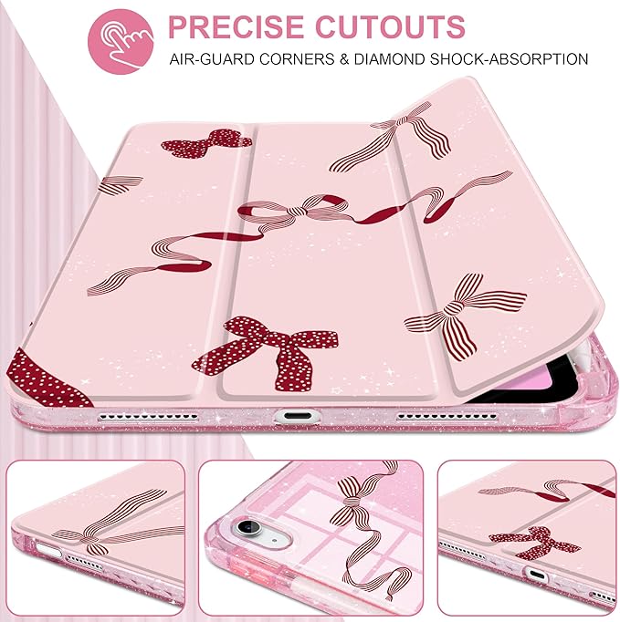 MEEgoodo Case for iPad A16 11th Generation 2025/10th Generation 2022 Glitter Tablet Cases with Transparent Acrylic Back+Trifold Stand +Pencil Holder+Auto Wake/SleepSimple Striped &amp Dots Bow