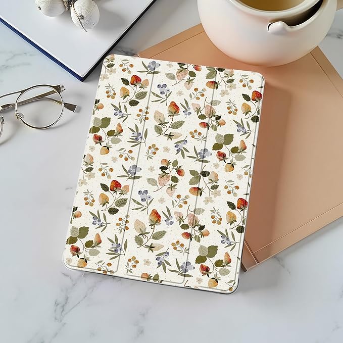 Idocolors Cute Kawaii Strawberry Plant Pad Case for 13 Inch iPad Pro(2024) Clear TPU Smart Stand Back Cover with Pencil Holder Auto Wake/Sleep Foldable Shockproof Protective Case for Women Girls