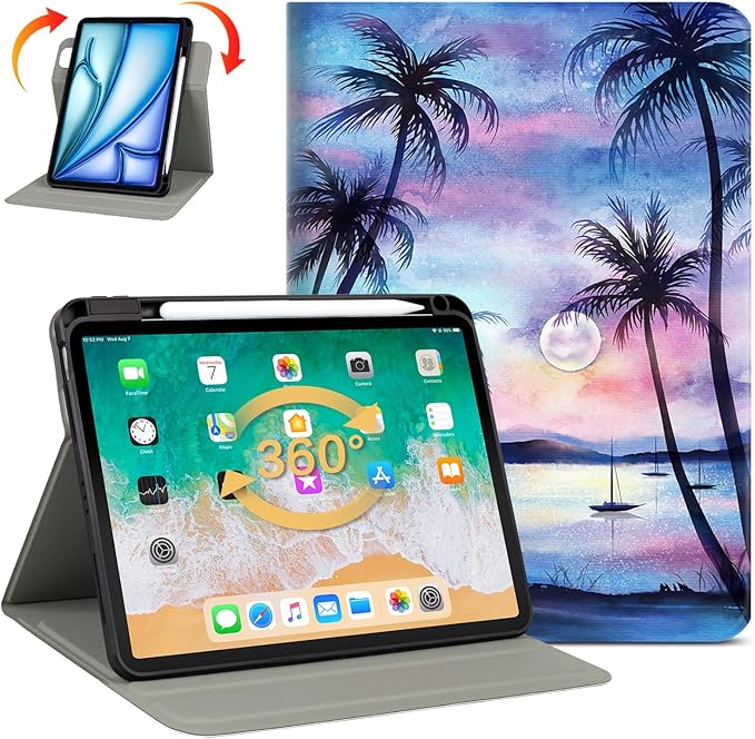 Lokigo Rotating Case for iPad Air 11 M4/M3/M2 (2026/2025/2024) iPad Air 5th/4th Gen (2022/2020) 10.9“ iPad Pro 11” (4th/3rd/2nd/1st) 360 Degree Stand Cover with Pencil Holder Purple Coconut Tree