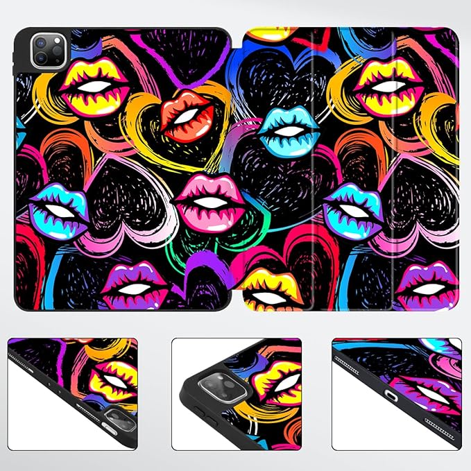 Mektron for iPad Pro M2 11-inch 4th/ 3rd/ 2nd/ 1st Gen Case 2022 2021 2020 2018 with Pencil Holder Tablet Cover with Soft TPU Back Cover for 11 inch iPad Pro Colorful Lips