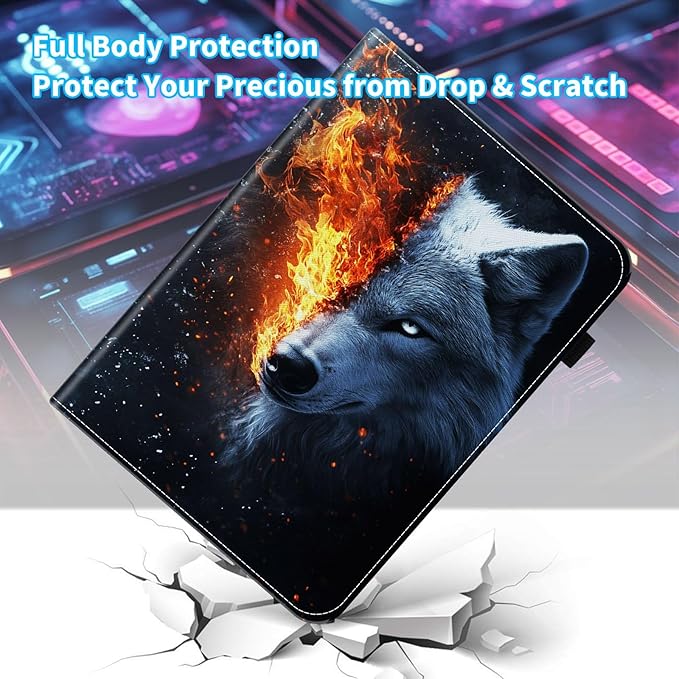 Case for Samsung Galaxy Tab A9 Plus/A9+ 5G 11 Inch 2023 Model (SM-X210/X216/X218)Card Slot PU Leather TPU Case Pen Holder Auto Wake SleepWolf in The Fire