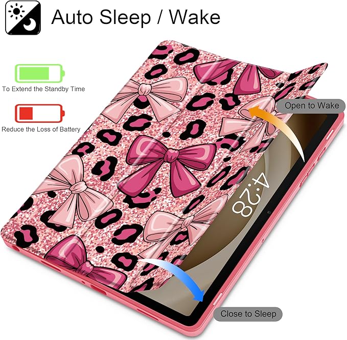 Tuiklol for Samsung Galaxy Tab A9+ Tablet 11” / A9+ Plus 2024 2023Buit-in S-Pen Holder with Clear Protective Cover Transparent Back Shell Auto Wake/Sleep Samsung Tab A9 Plus CoverLeopard Print Bow