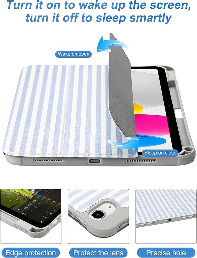 Compatible with iPad 11th (11-Inch A16 2025) iPad 10th (10.9-Inch 2022) Generation Case with Pencil Holder Cute Stripeds Aesthetic Design Soft TPU Trifold Stand Protective Blue