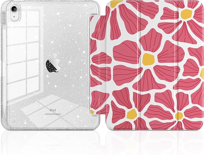 MEEgoodo Case for iPad A16 11th Generation 2025/10th Generation 2022 Glitter Tablet Cases with Transparent Acrylic Back+Trifold Stand +Pencil Holder+Auto Wake/SleepPrint with Flowers