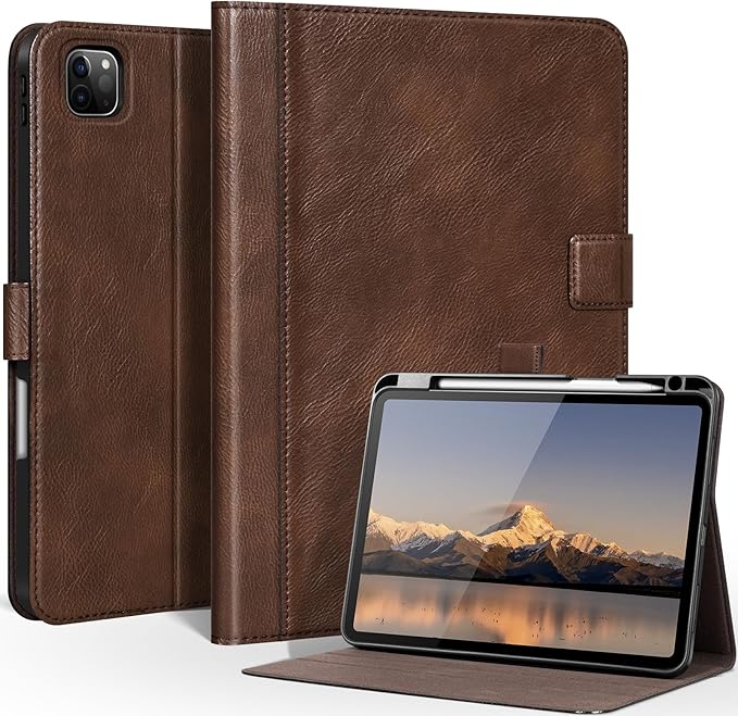Genuine Leather Case for iPad Pro 11 Inch 4th-1st Gen 2022/2021/2020/2018 Premium Folio Cover with Pencil Holder Auto Wake/Sleep Adjustable Stand Wear-Resistant Protective Case - Dark Brown